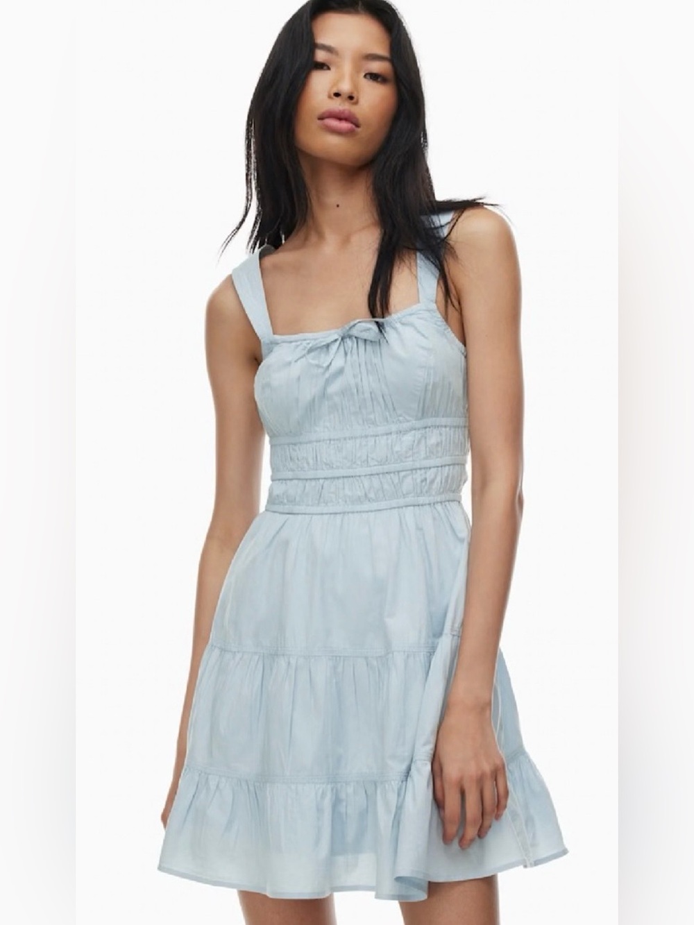 Aritzia Sunday Best Martine Poplin Tiered Smocked Dress Dew Blue XS Balletcore